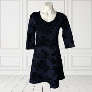 Vibe Navy Blue Shift Dress with black velvet floral burnout, 3/4 length sleeves,
